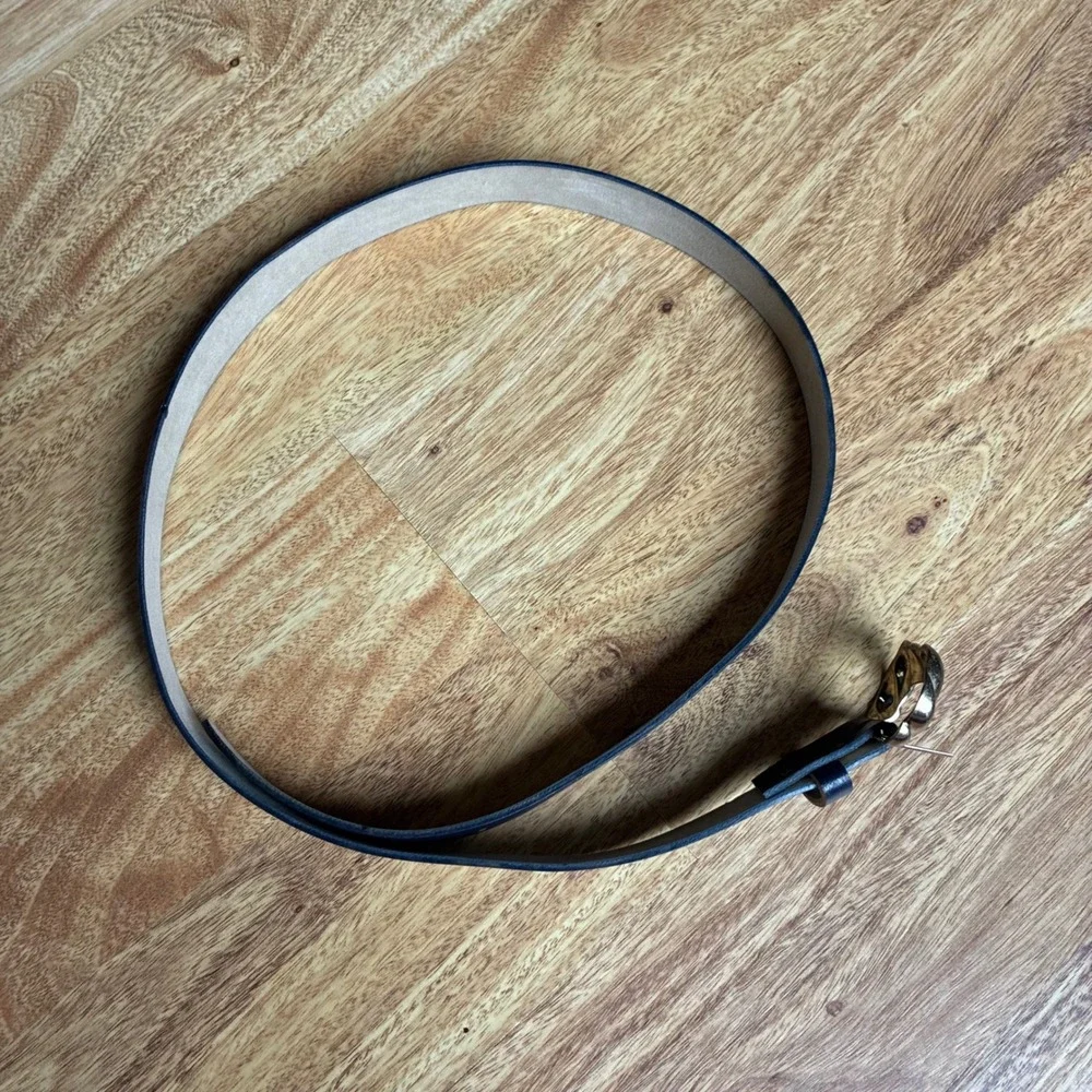 Vintage Navy Blue Leather Belt Gold Scalloped Buckle Medium Large Nautical
